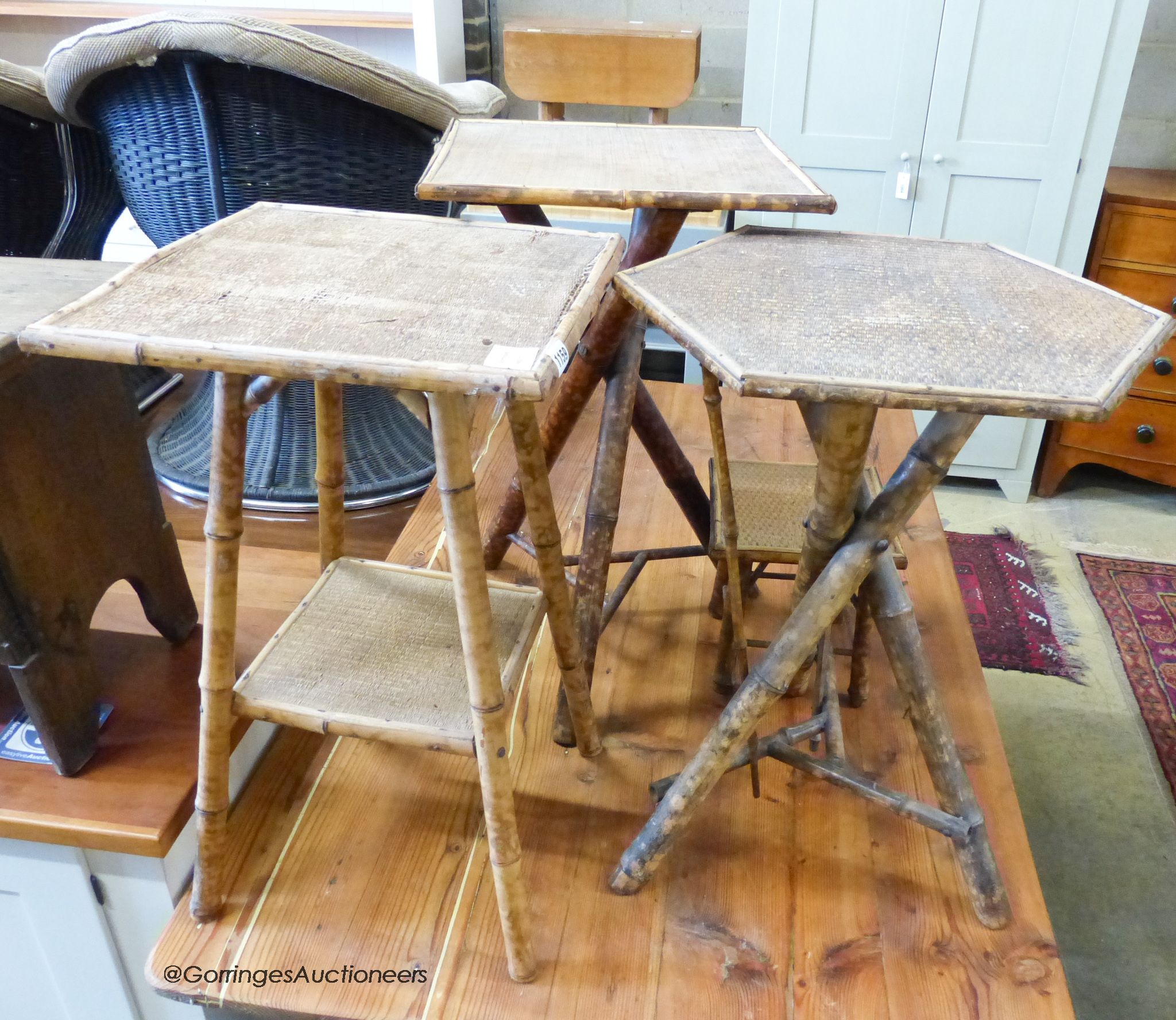 Three wicker and bamboo tables and stool.